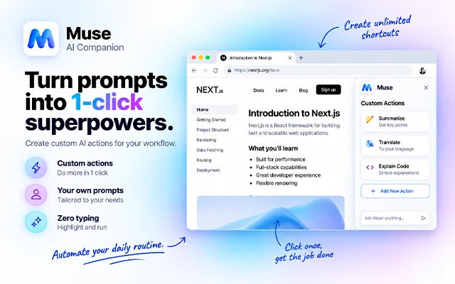 Acciones personalizadas de Muse: botones Resumir, Traducir y Explicar código