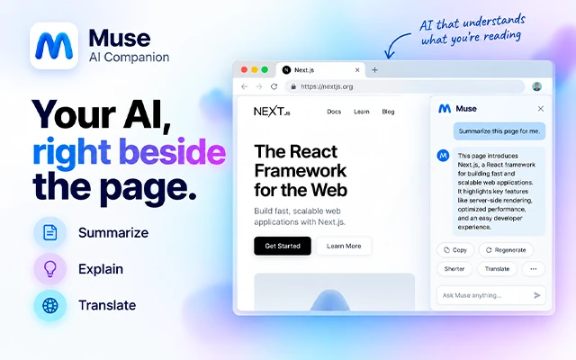 Muse AI Companion en el panel lateral del navegador resumiendo una página web