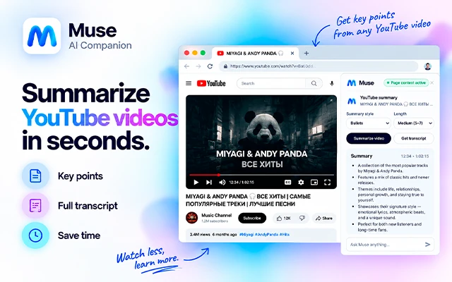Resumen de YouTube en Muse con opciones de estilo y longitud junto a un vídeo